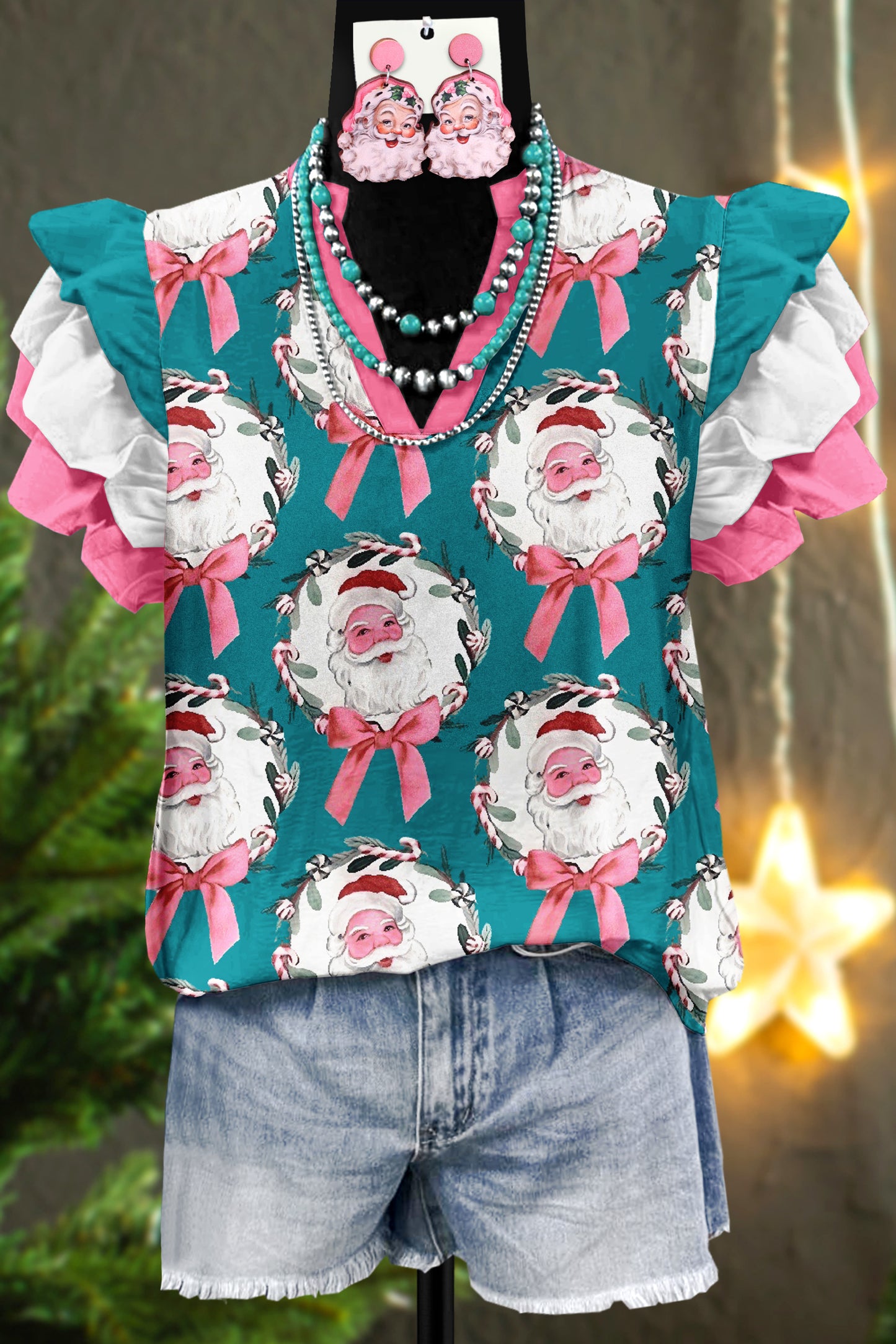 Cute Christmas Santa Claus Print Fly Sleeve Top