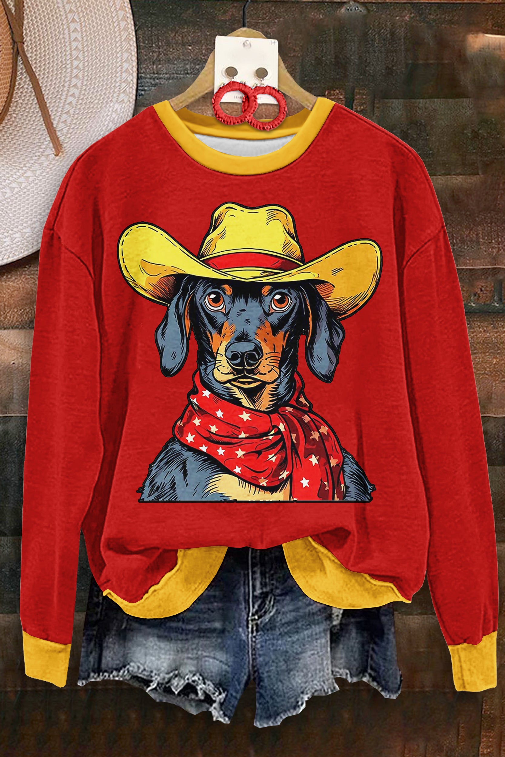 Vintage Dachshund Print Long Sleeve Top