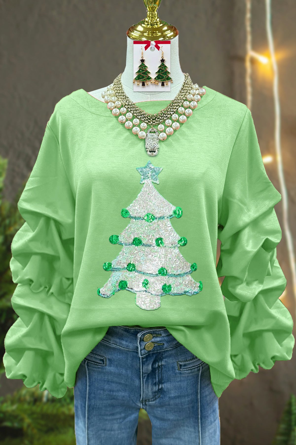 Sweet Christmas Tree Sequined Pleated Top