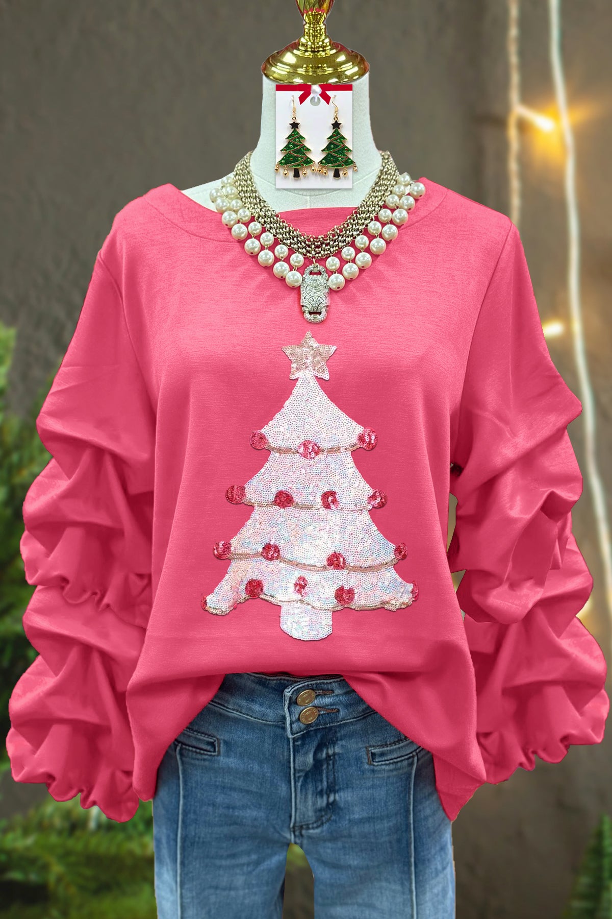 Sweet Christmas Tree Sequined Pleated Top