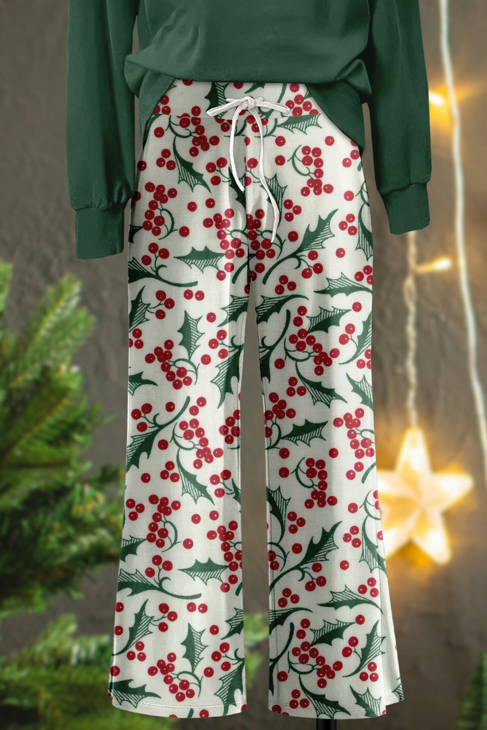 Christmas Holly Print Wide Leg Pants