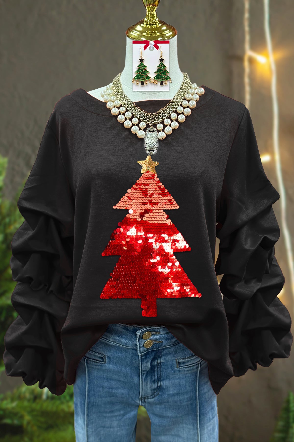 Classic Christmas Tree Sequined Pleated Top