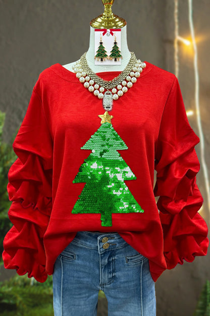 Classic Christmas Tree Sequined Pleated Top