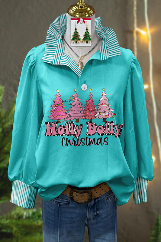 Fresh Christmas Tree Print Stand Collar Top