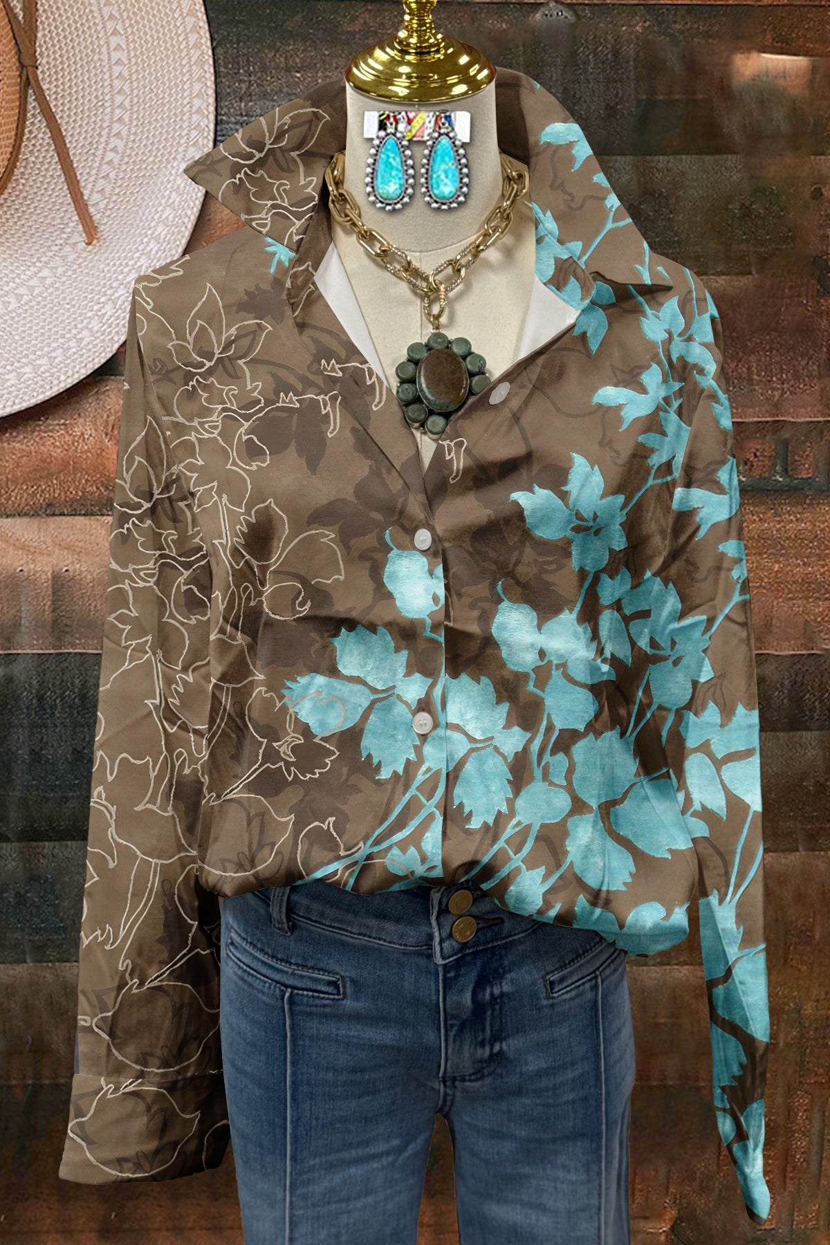 Vintage Leaf Print Long Sleeve Shirt