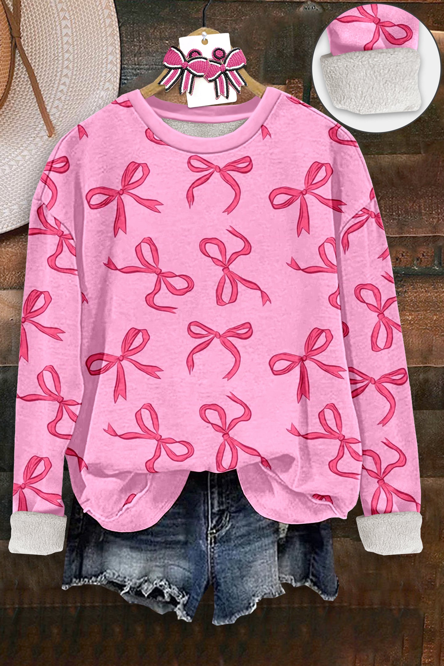 Sweet Bow Print Thick Fleece Sweatshirt