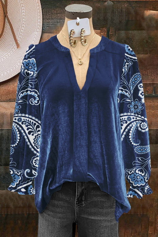 Classic Paisley Print Velvet V-neck Top