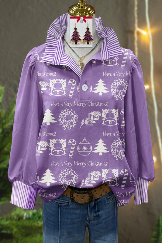 Fresh Christmas Tree Print Stand Collar Top