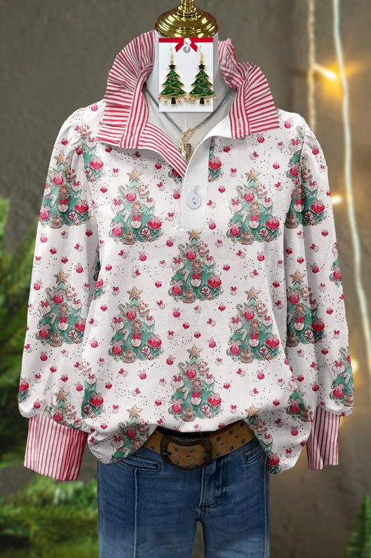 Sweet Christmas Tree Print Stand Collar Top