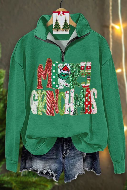 Classic Merry Christmas Grinch Print Zip-Up Top