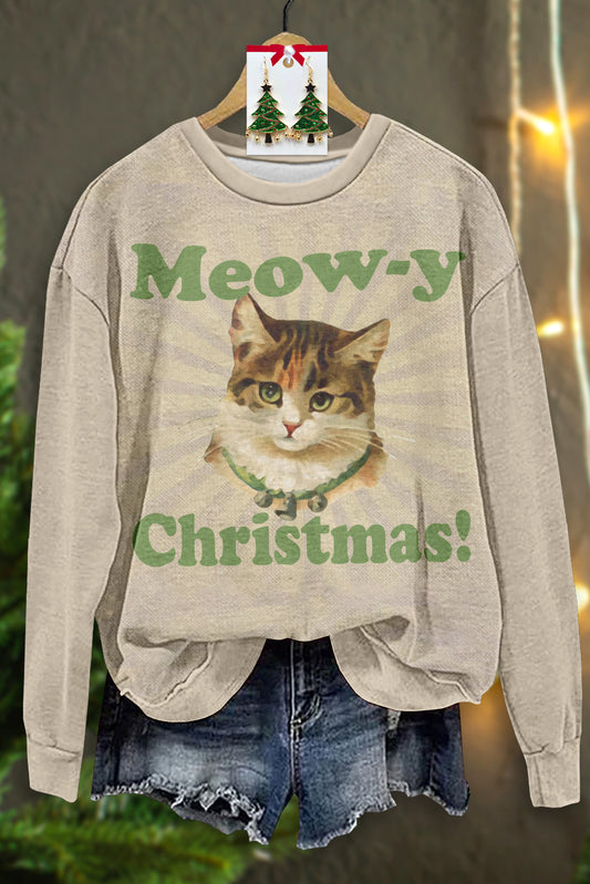 Cute Cat Christmas Print Long Sleeve Top