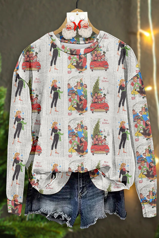 Vintage Christmas Print Long Sleeve Top