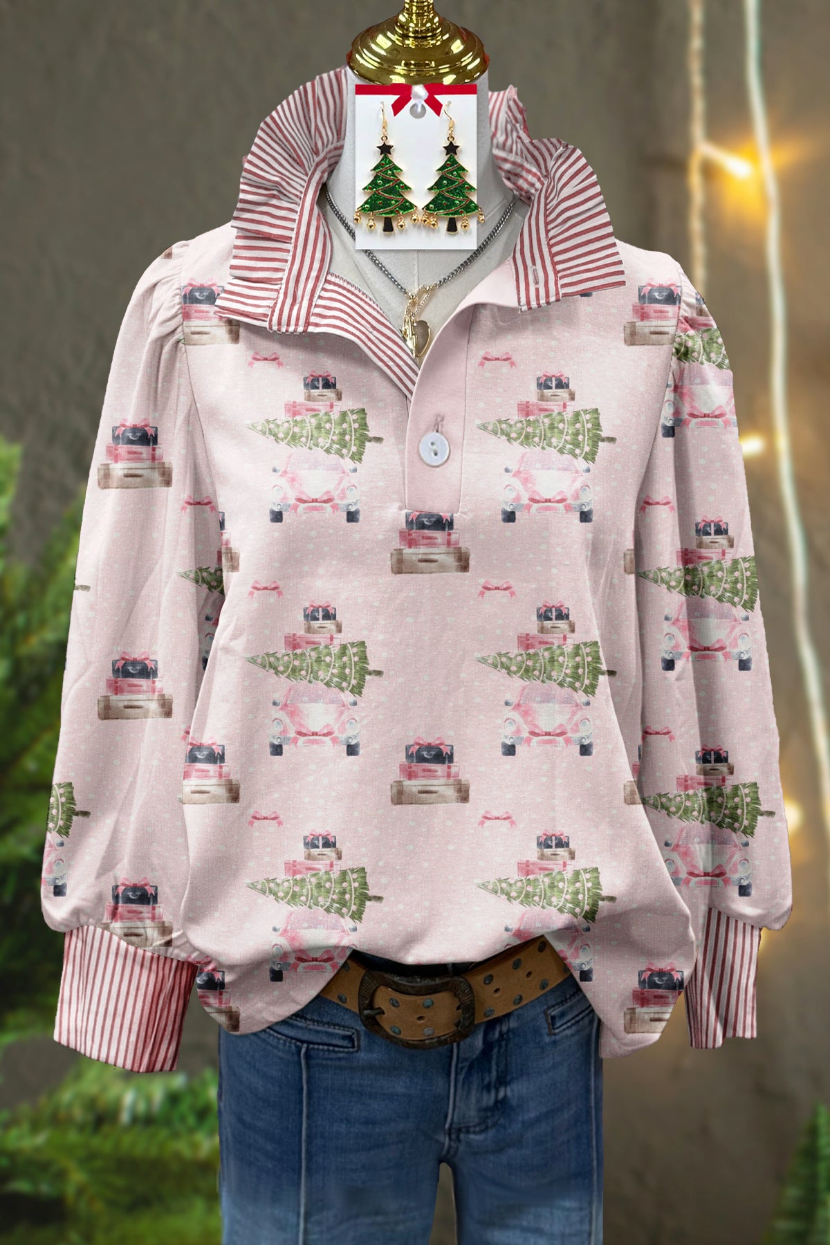 Sweet Christmas Car Print Stand Collar Top