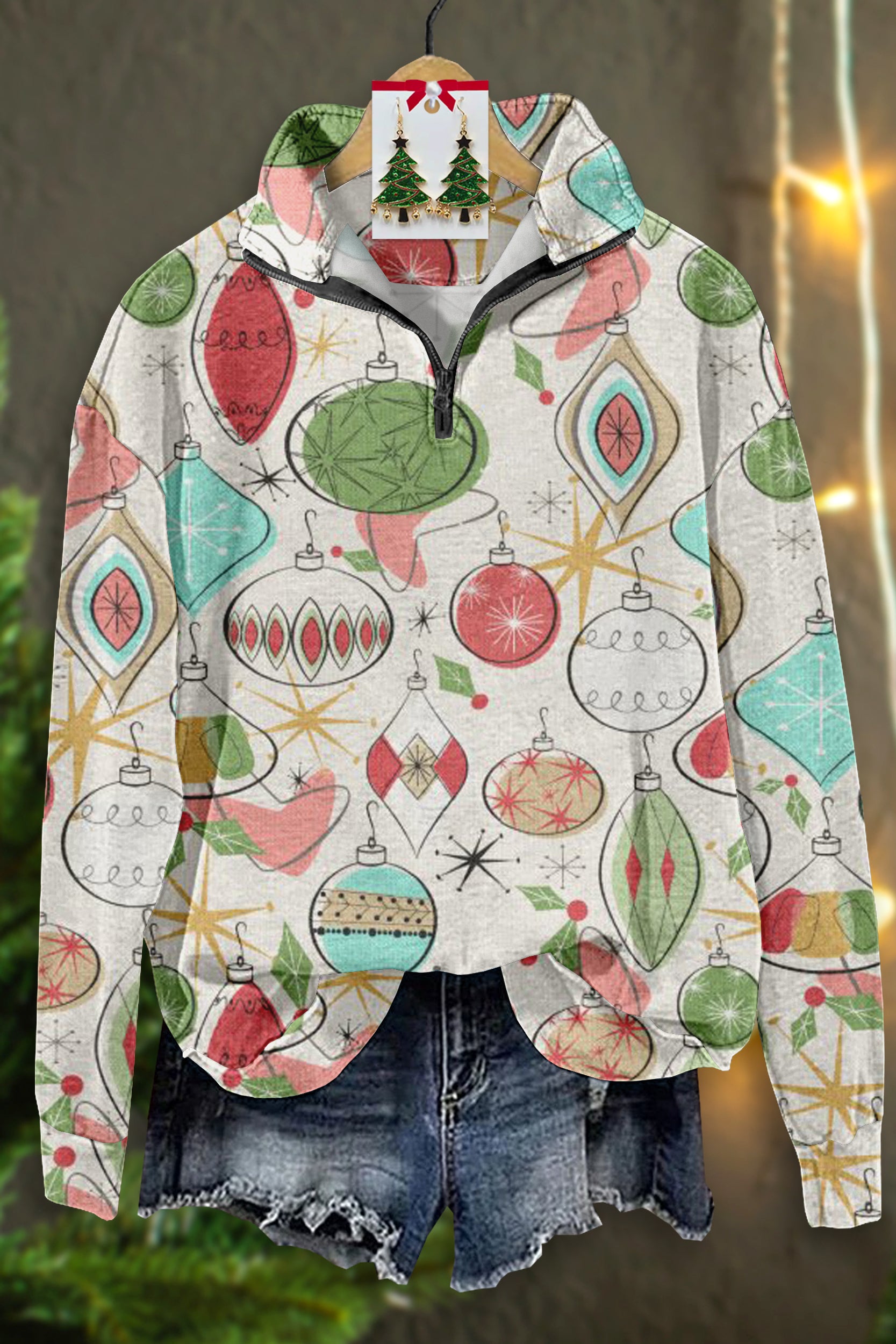 Vintage Christmas Print Zip-Up Top