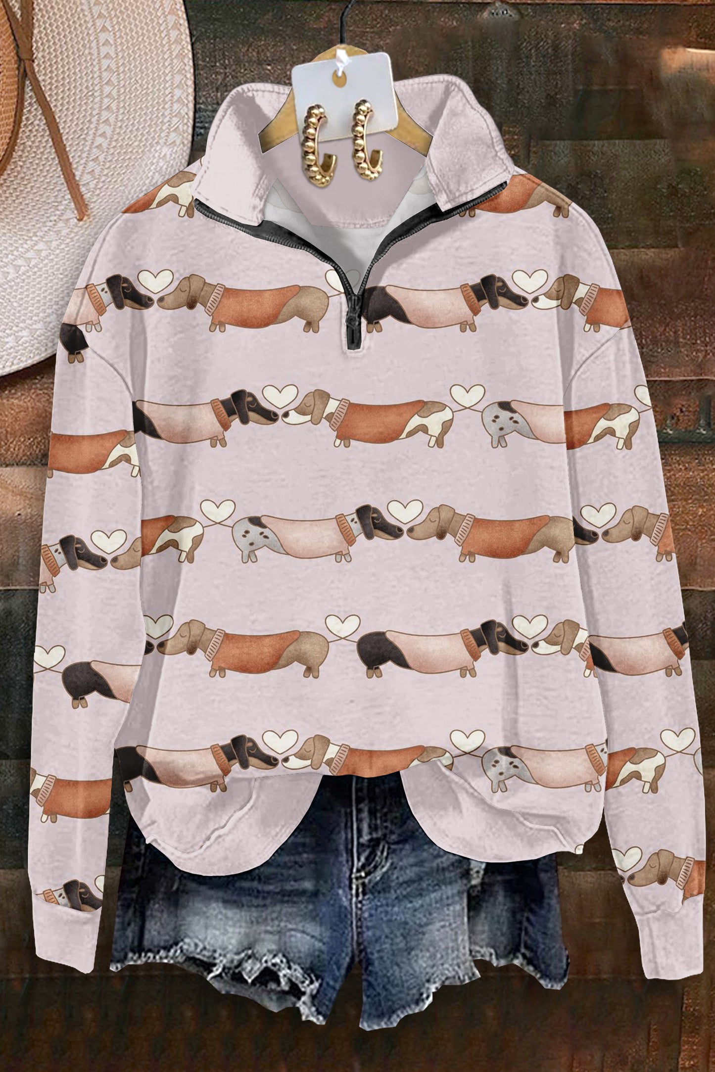 Cute Dachshund Print Zip-Up Top