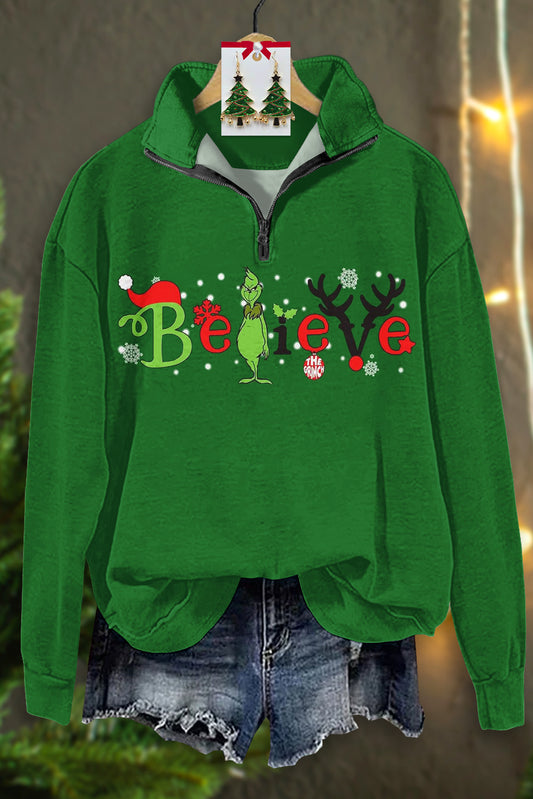 Classic Christmas Grinch Believe Print Zip-Up Top