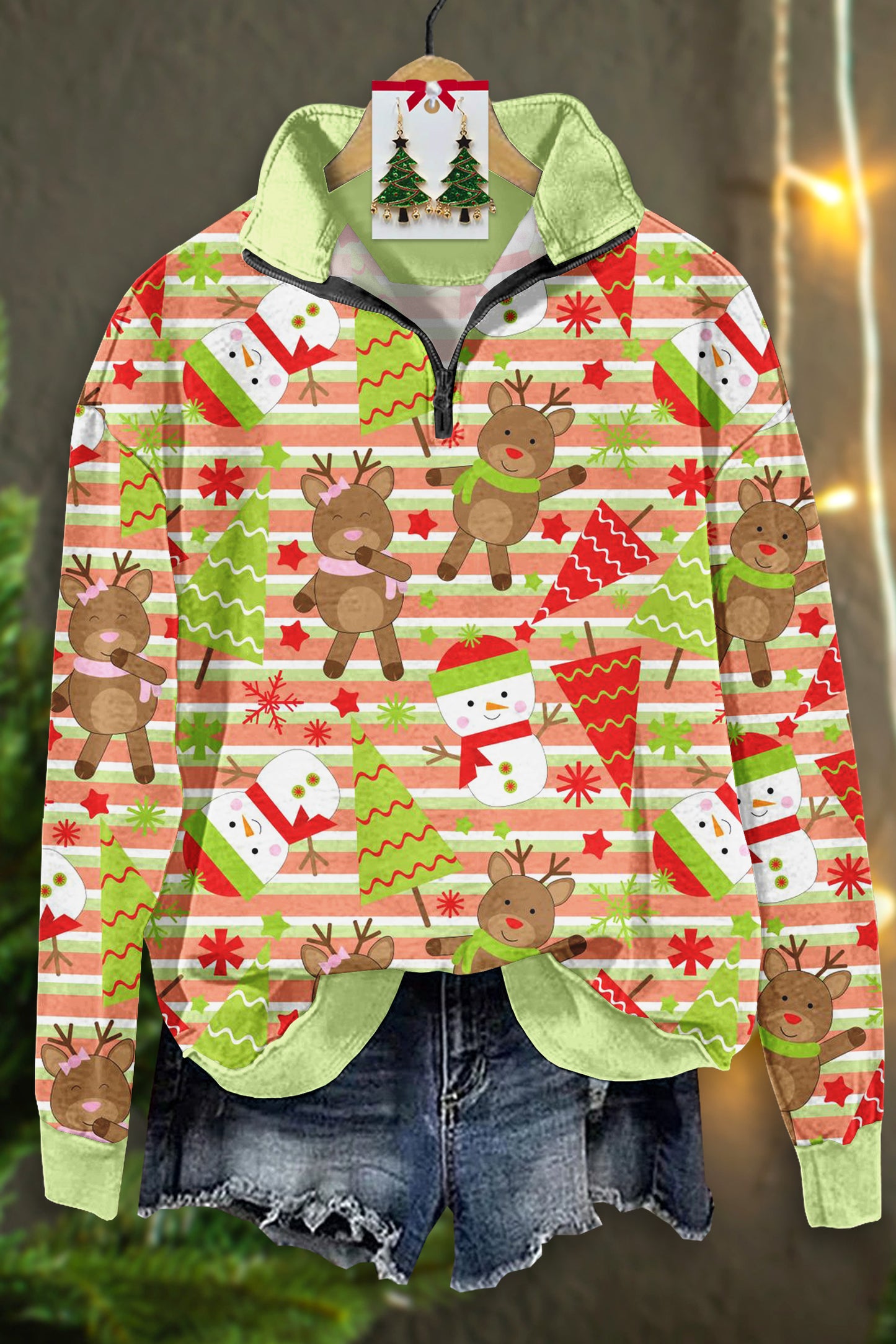 Cute Christmas Snowman Print Zip-Up Top