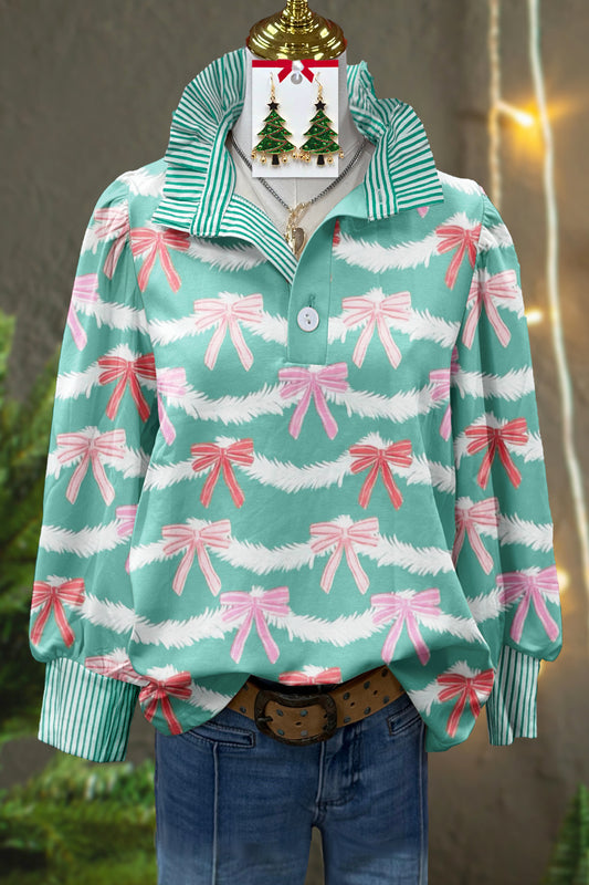 Fresh Christmas Bow Print Stand Collar Top