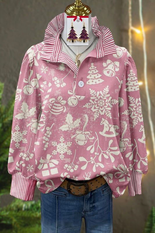 Fresh Christmas Print Stand Collar Top