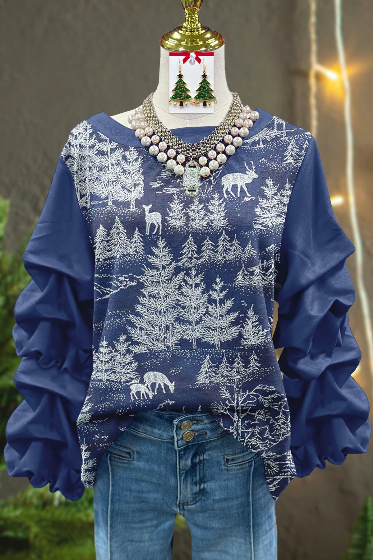 Classic Christmas Tree Print Pleated Top