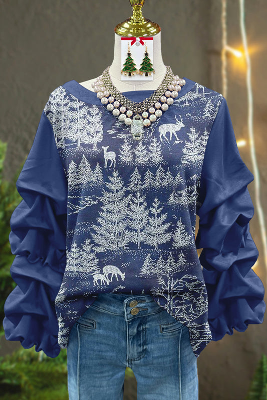 Classic Christmas Tree Print Pleated Top