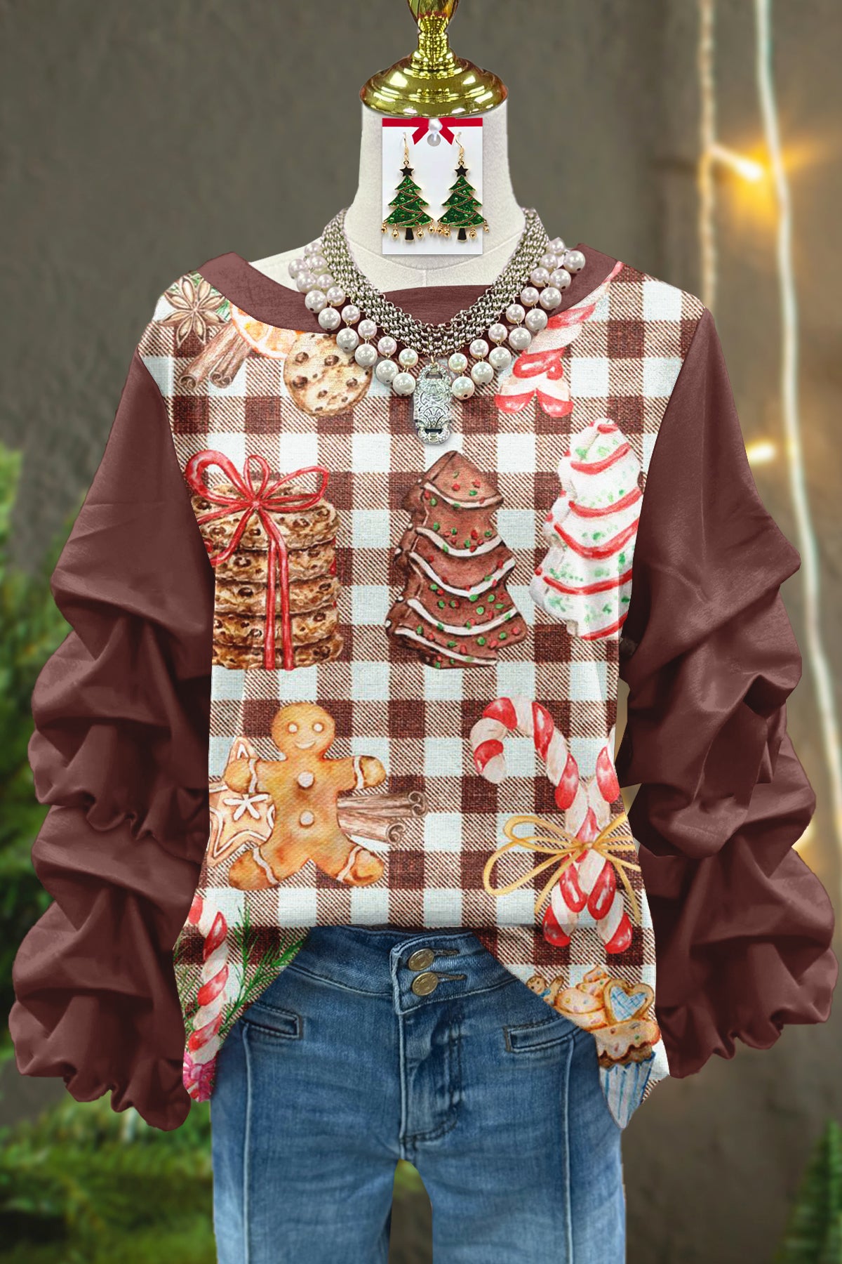 Cute Christmas Gingerbread Man Printed Pleated Top