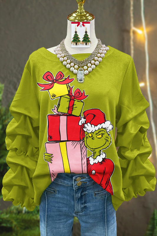 Fun Christmas Grinch Printed Pleated Top