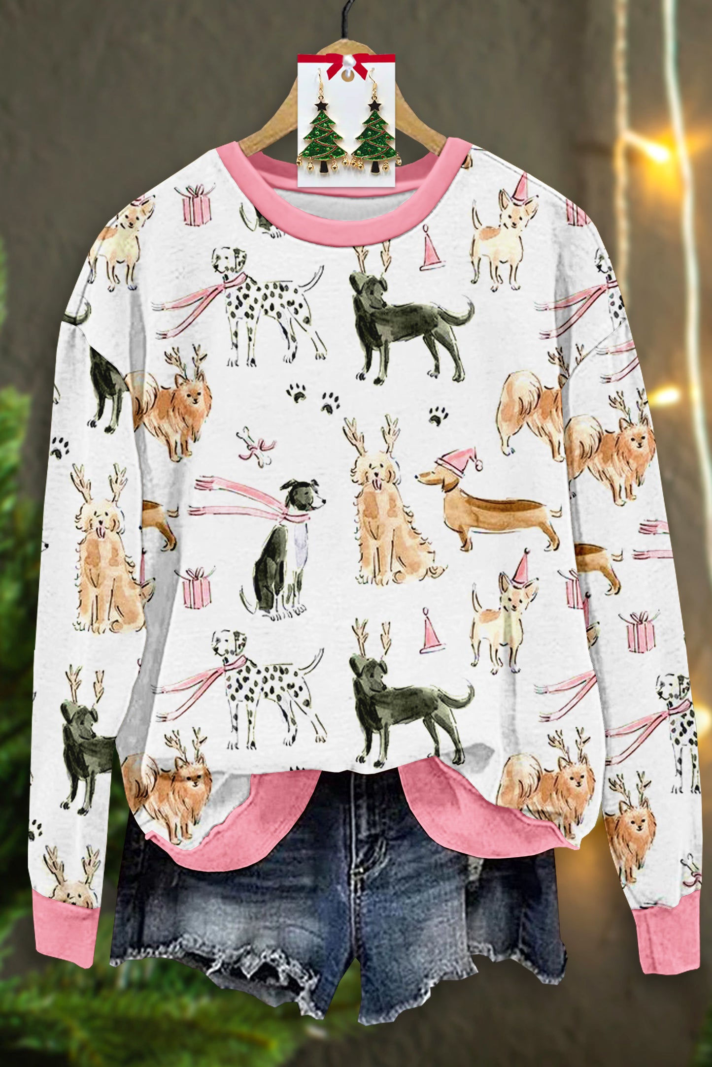 Cute Christmas Dog Print Long Sleeve Top