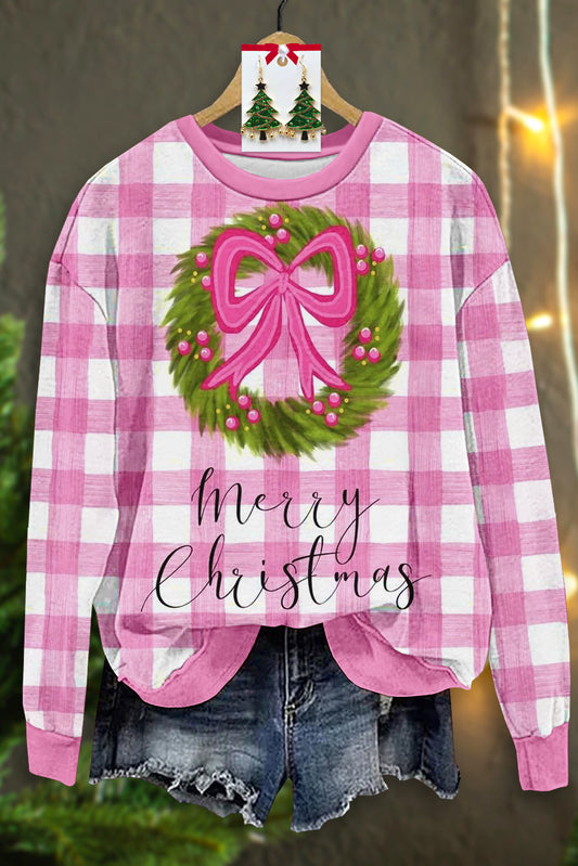 Sweet Christmas Plaid Print Long Sleeve Top