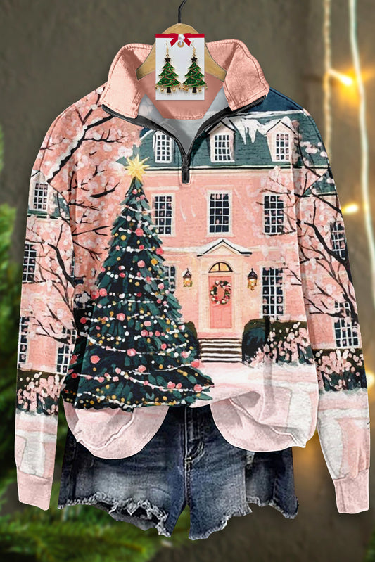 Vintage Christmas Tree Print Zip-Up Top