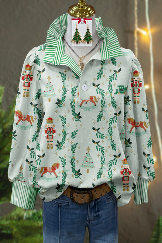 Fresh Christmas Nutcracker Print Stand Collar Top