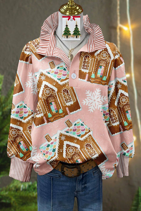 Sweet Christmas Gingerbread House Print Stand Collar Top