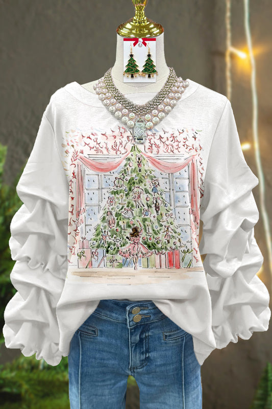 Sweet Christmas Tree Print Pleated Top