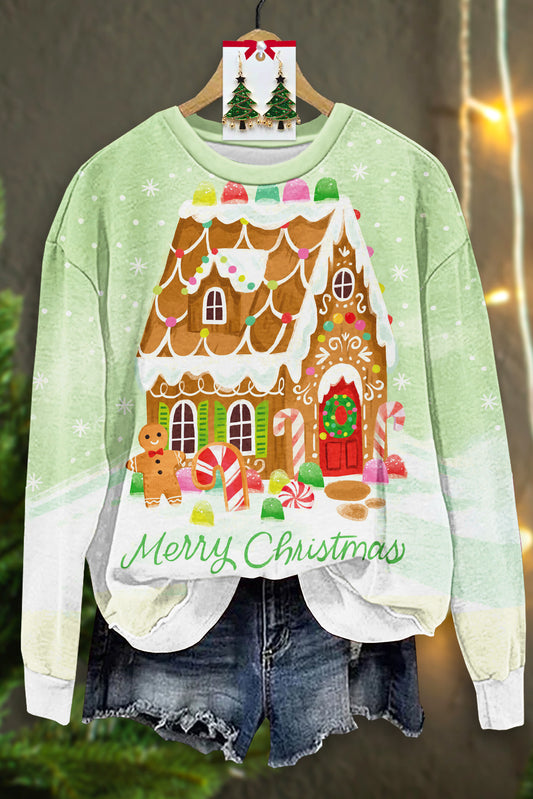 Fresh Christmas Gingerbread House Print Long Sleeve Top