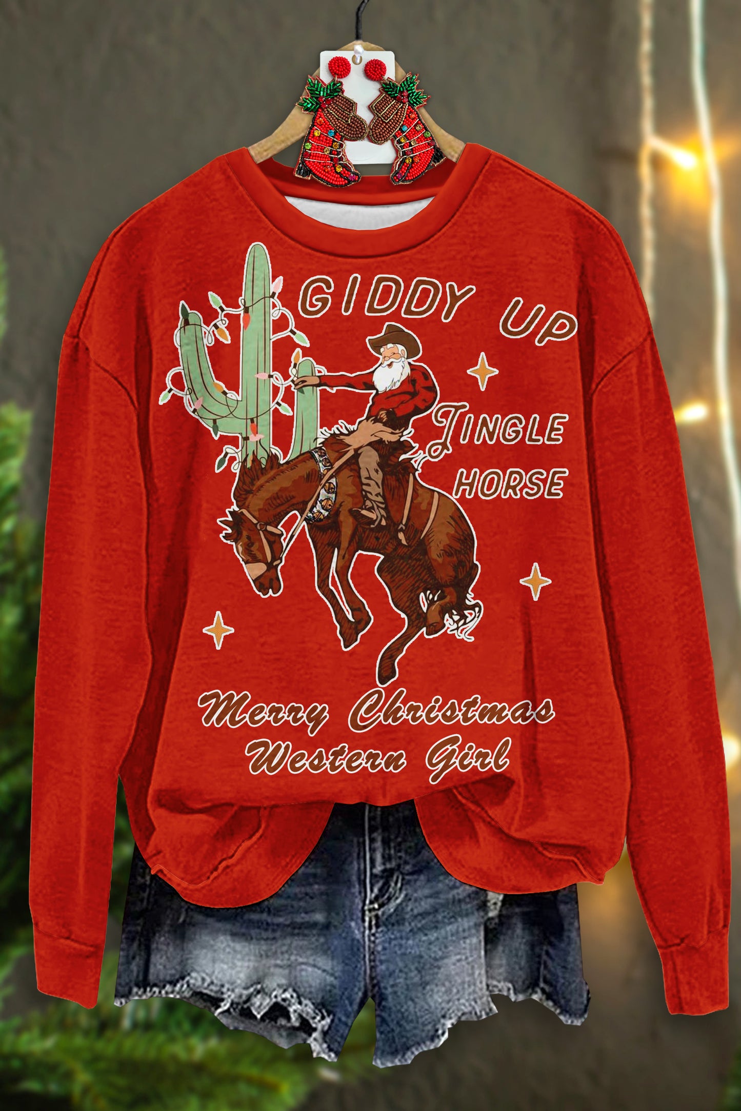 Casual Western Christmas Print Long Sleeve Top