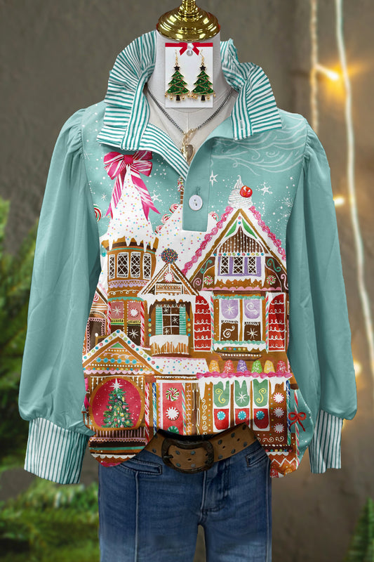 Fresh Christmas Gingerbread House Print Stand Collar Top