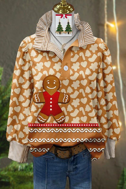 Cute Christmas Gingerbread Print Stand Collar Top