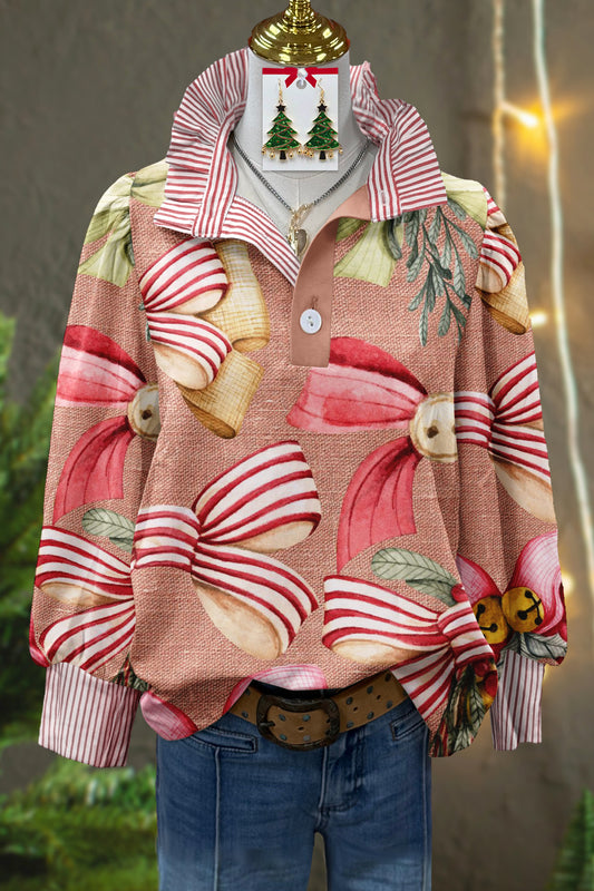 Sweet Christmas Bow Print Stand Collar Top