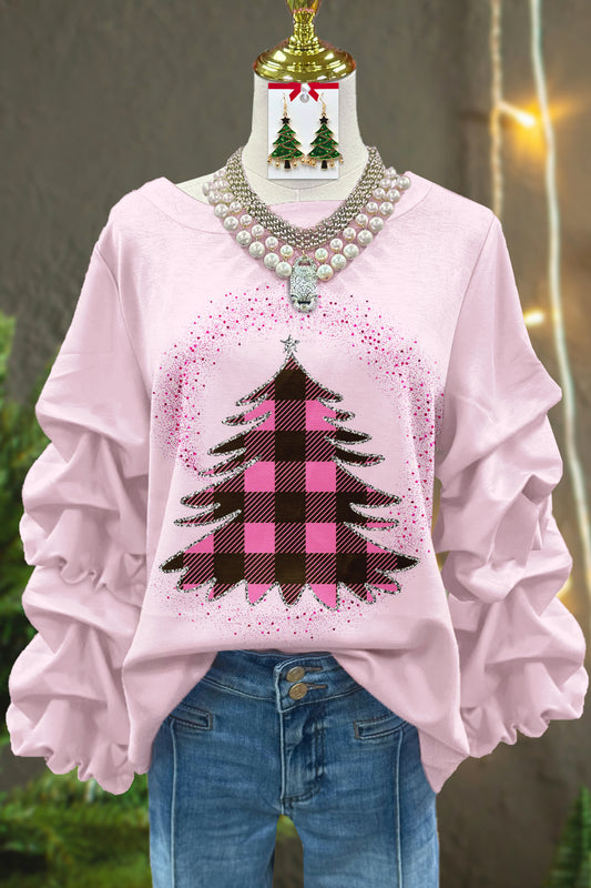 Sweet Plaid Christmas Tree Print Pleated Top