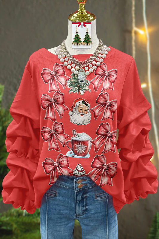 Sweet Christmas Bow Print Pleated Top