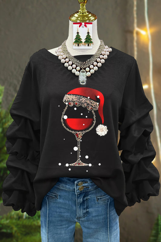 Classic Christmas Wine Glass Print Pleated Top