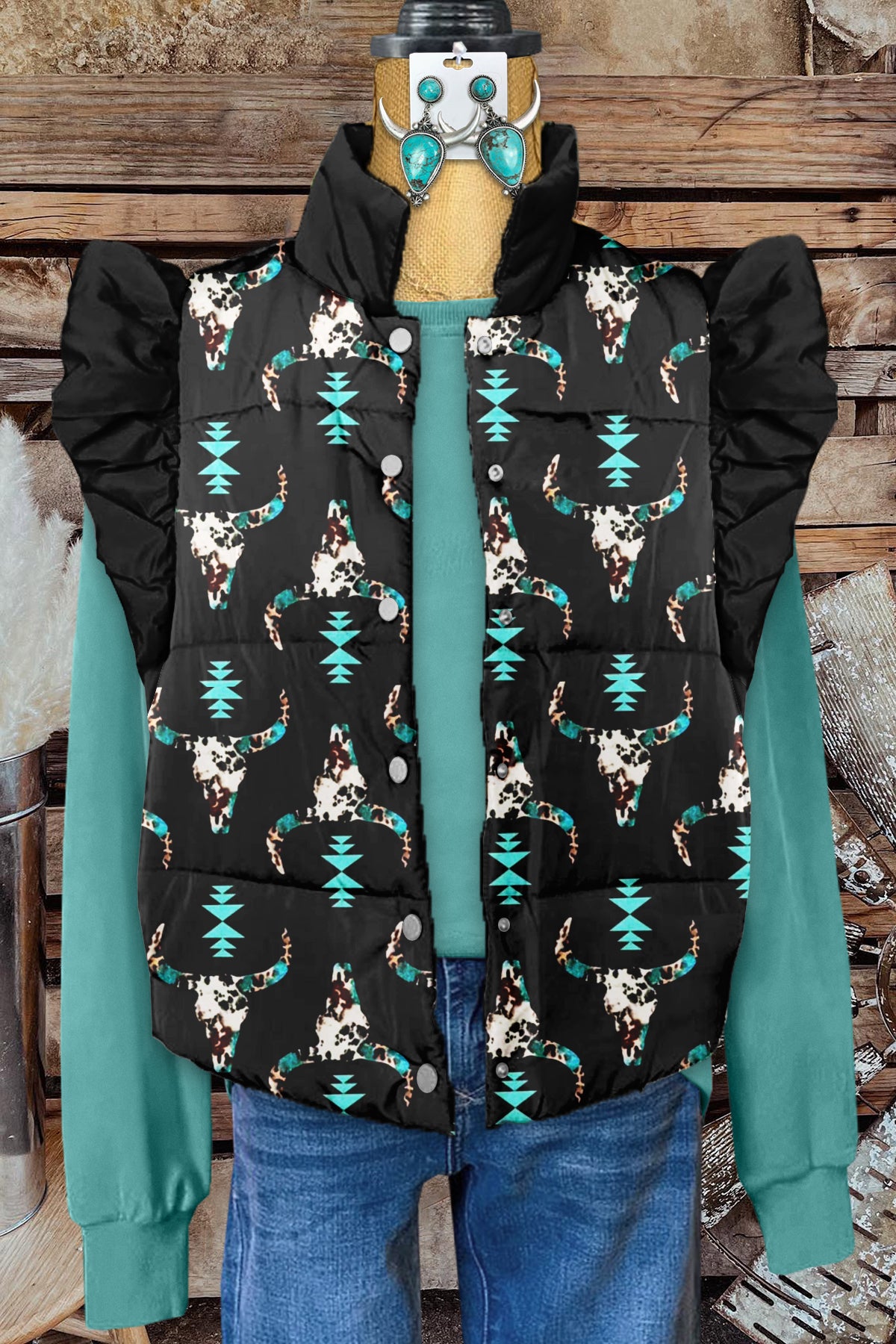 Classic Western Longhorn Print Fly Sleeve Vest