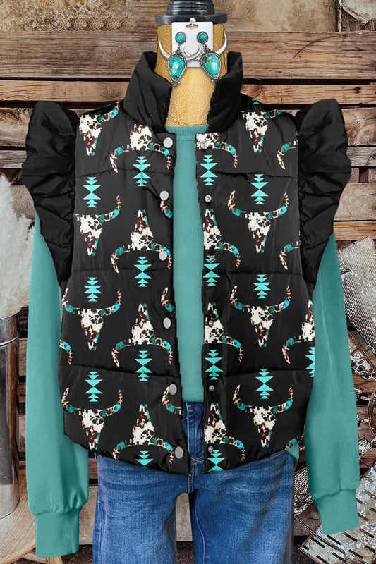 Classic Western Longhorn Print Fly Sleeve Vest