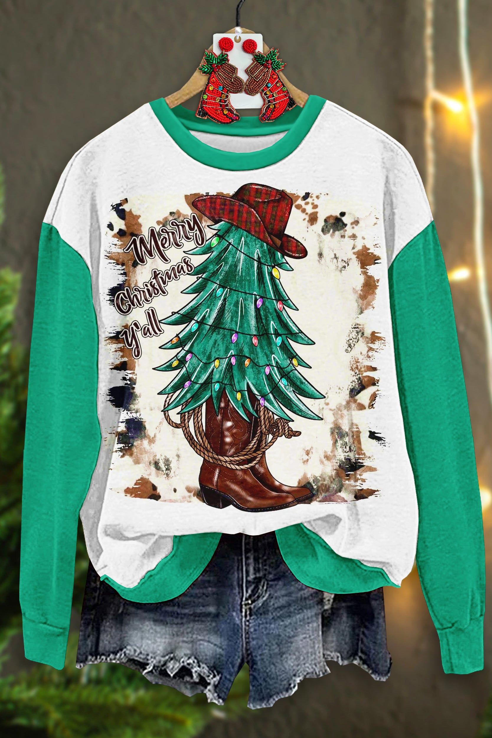 Vintage Boots Christmas Tree Print Top