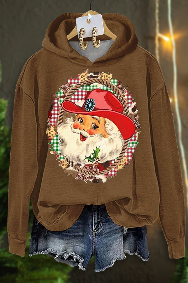 Western Christmas Santa Print Long Sleeve Hoodie