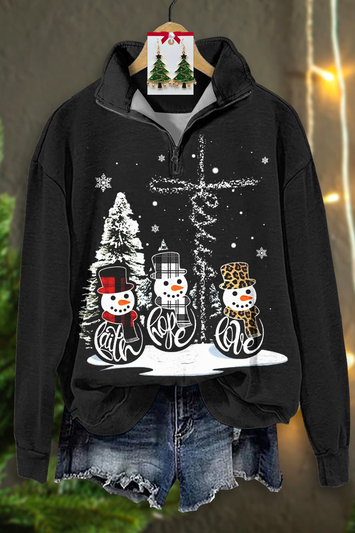 Classic Christmas Snowman Print Zip-Up Top