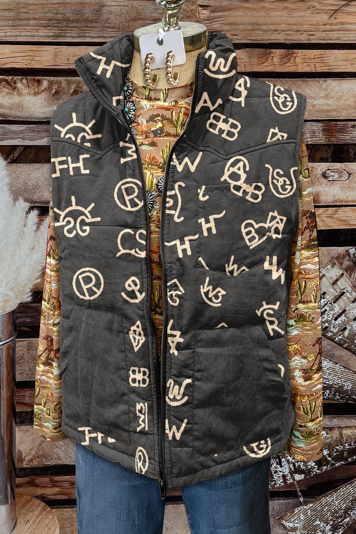 Western Graphic Print Pocket Vest