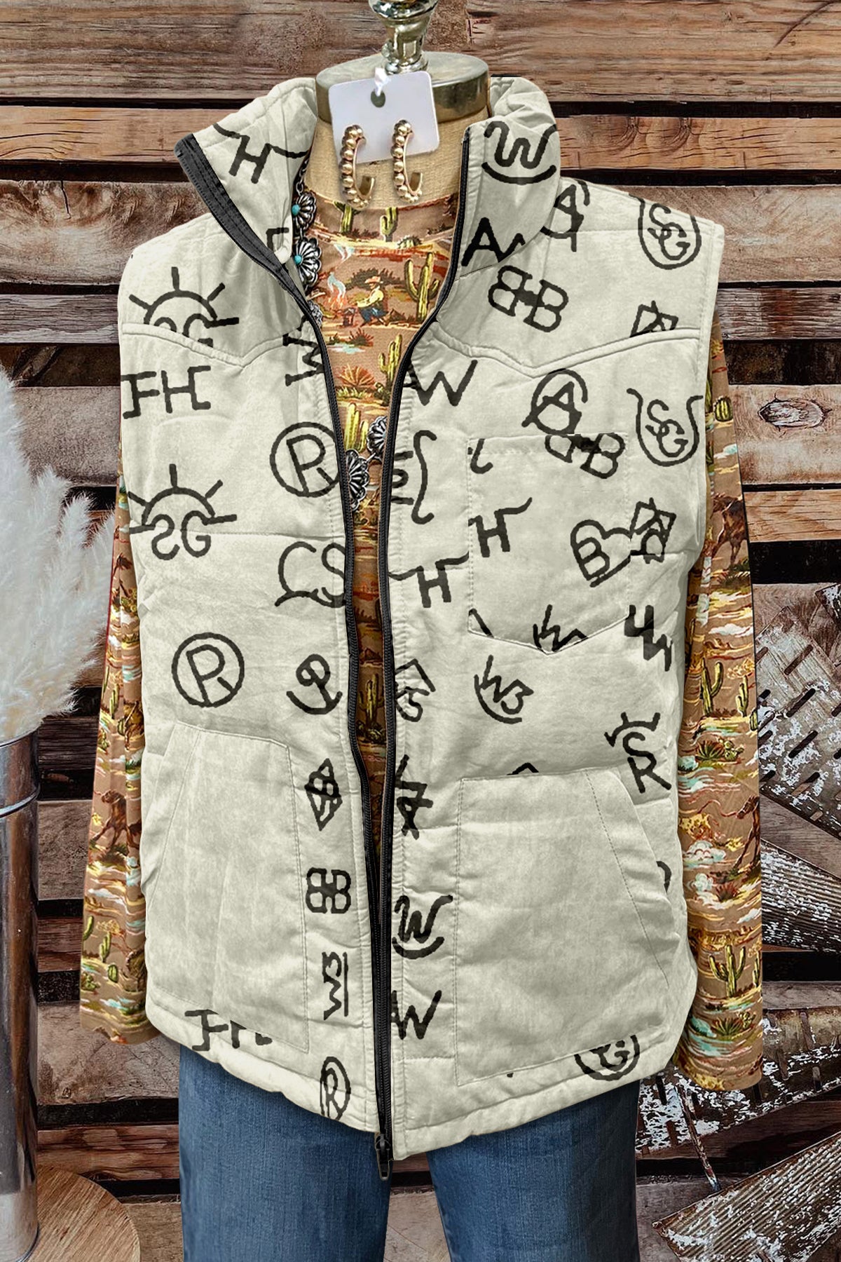 Western Graphic Print Pocket Vest