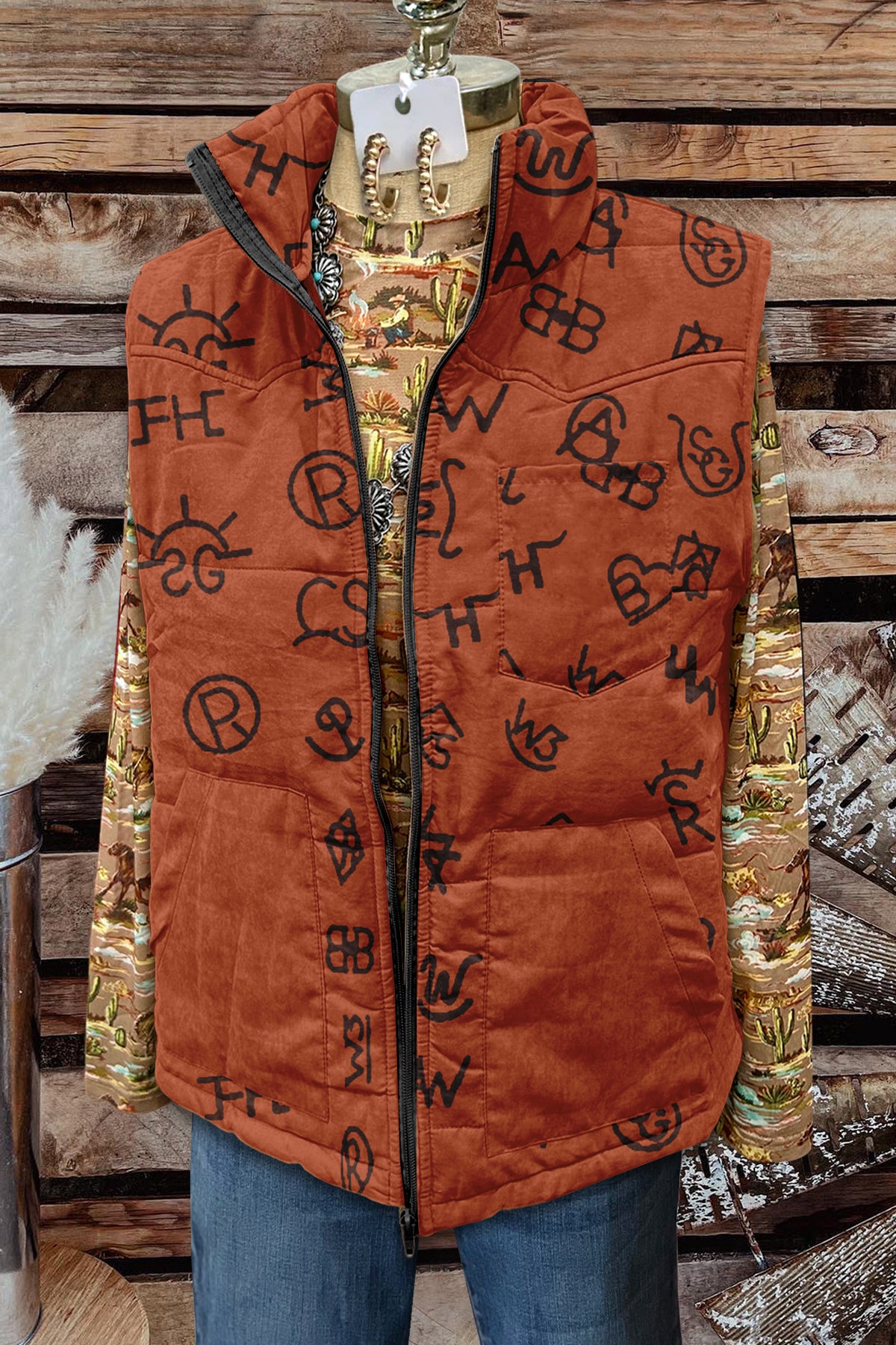 Western Graphic Print Pocket Vest