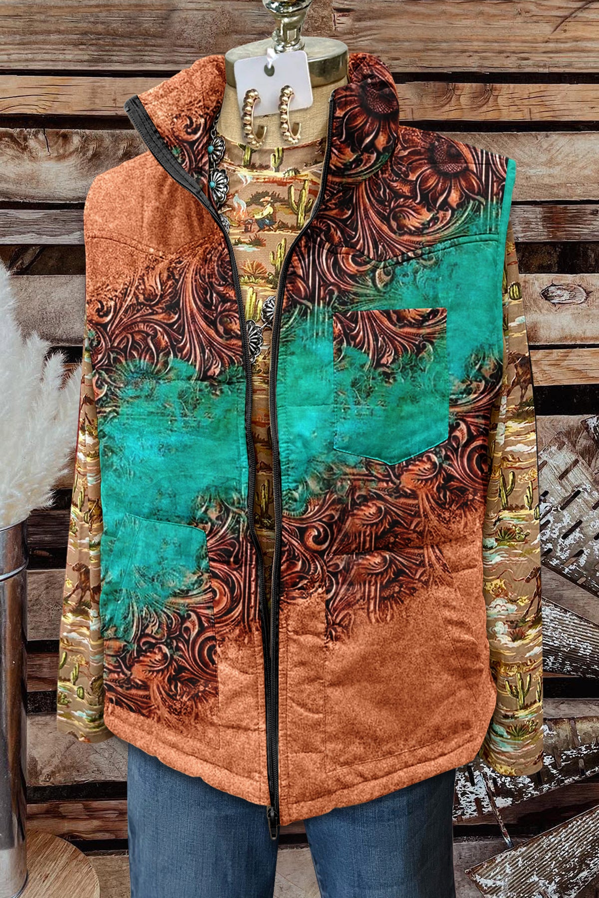 Vintage Western Graphic Print Pocket Vest